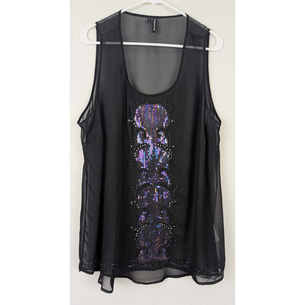 Maurices sz 2 or 2X Sheer Tank Top Blouse sequined front design not lined 4281